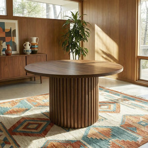 English Elm Merlin Solid Walnut Round Pedestal Dining Table Seats Four with Ribbed Base B183S00225