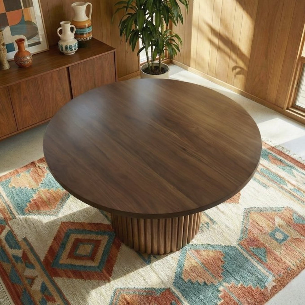 English Elm Merlin Solid Walnut Round Pedestal Dining Table Seats Four with Ribbed Base B183S00225