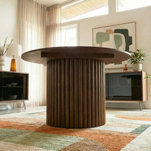 English Elm Merlin Solid Walnut Round Pedestal Dining Table Seats Four with Ribbed Base B183S00225