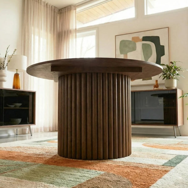 English Elm Merlin Solid Walnut Round Pedestal Dining Table Seats Four with Ribbed Base B183S00225