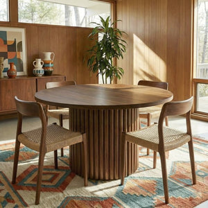 English Elm Merlin Solid Walnut Round Pedestal Dining Table Seats Four with Ribbed Base B183S00225