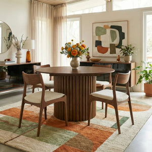 English Elm Merlin Solid Walnut Round Pedestal Dining Table Seats Four with Ribbed Base B183S00225