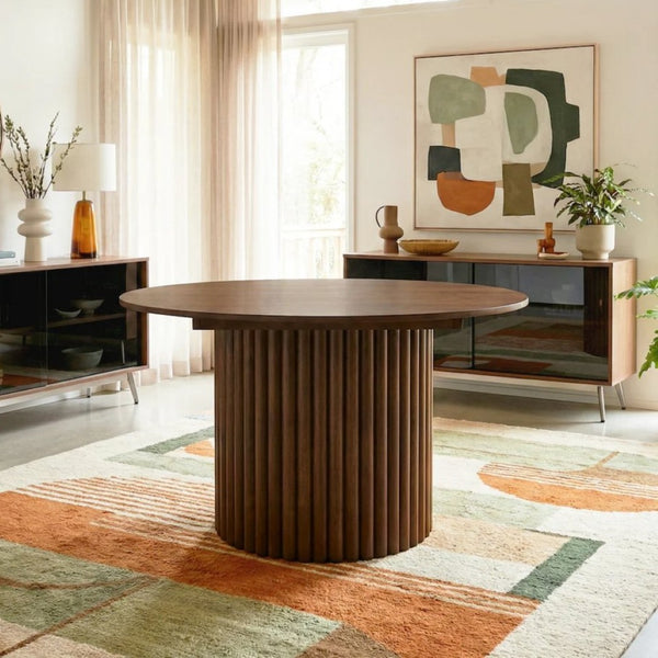 English Elm Merlin Solid Walnut Round Pedestal Dining Table Seats Four with Ribbed Base B183S00225