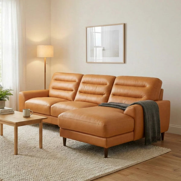 English Elm Clarion Genuine Leather Sectional with Chaise Channel Stitched Contemporary Living Room Tan B183S00229