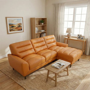 English Elm Clarion Genuine Leather Sectional with Chaise Channel Stitched Contemporary Living Room Tan B183S00229