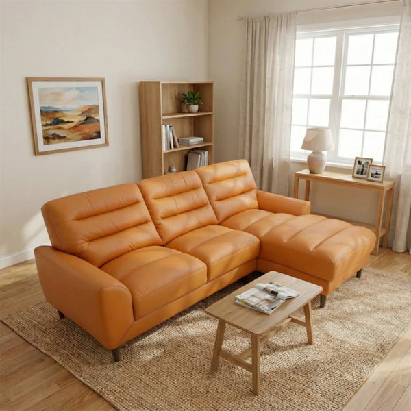 English Elm Clarion Genuine Leather Sectional with Chaise Channel Stitched Contemporary Living Room Tan B183S00229