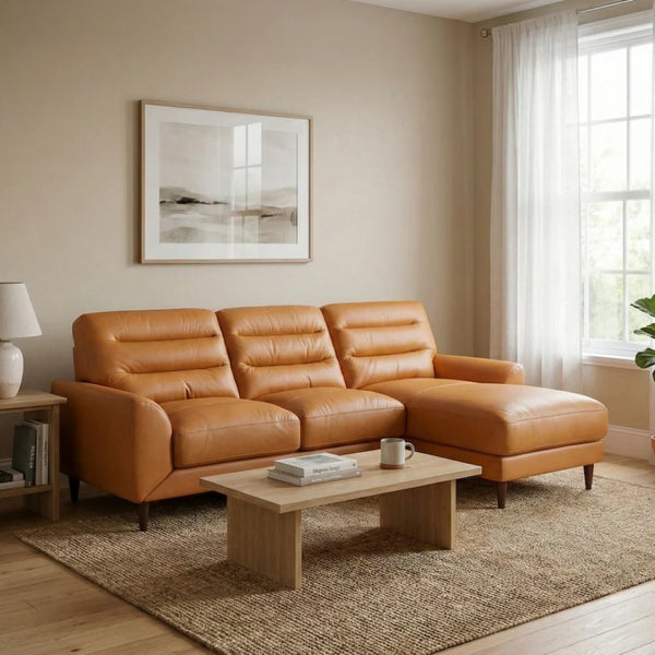 English Elm Clarion Genuine Leather Sectional with Chaise Channel Stitched Contemporary Living Room Tan B183S00229