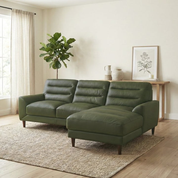 English Elm Clarion Genuine Leather Sectional with Chaise Channel Stitched Contemporary Living Room Green B183S00231