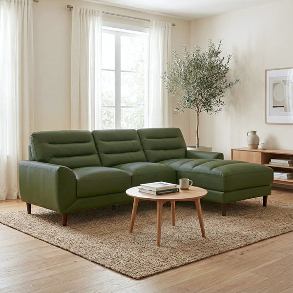 English Elm Clarion Genuine Leather Sectional with Chaise Channel Stitched Contemporary Living Room Green B183S00231