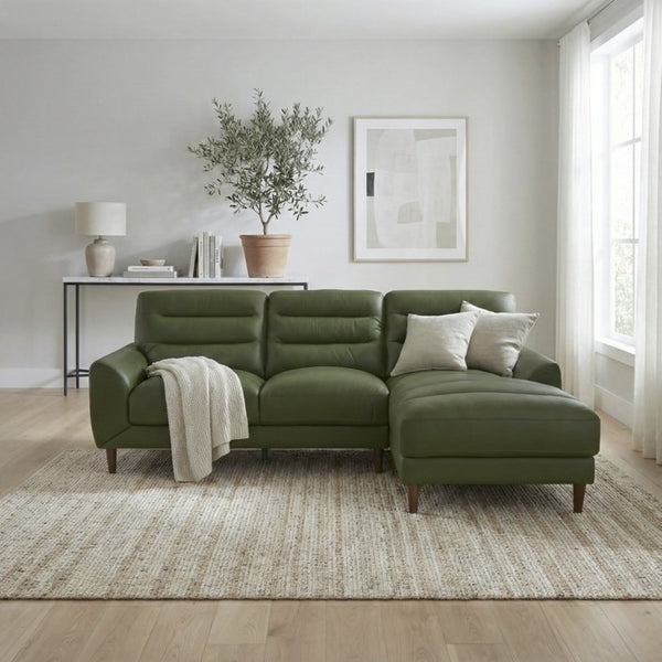English Elm Clarion Genuine Leather Sectional with Chaise Channel Stitched Contemporary Living Room Green B183S00231