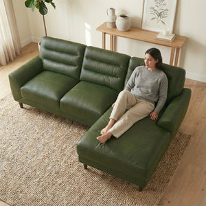 English Elm Clarion Genuine Leather Sectional with Chaise Channel Stitched Contemporary Living Room Green B183S00231