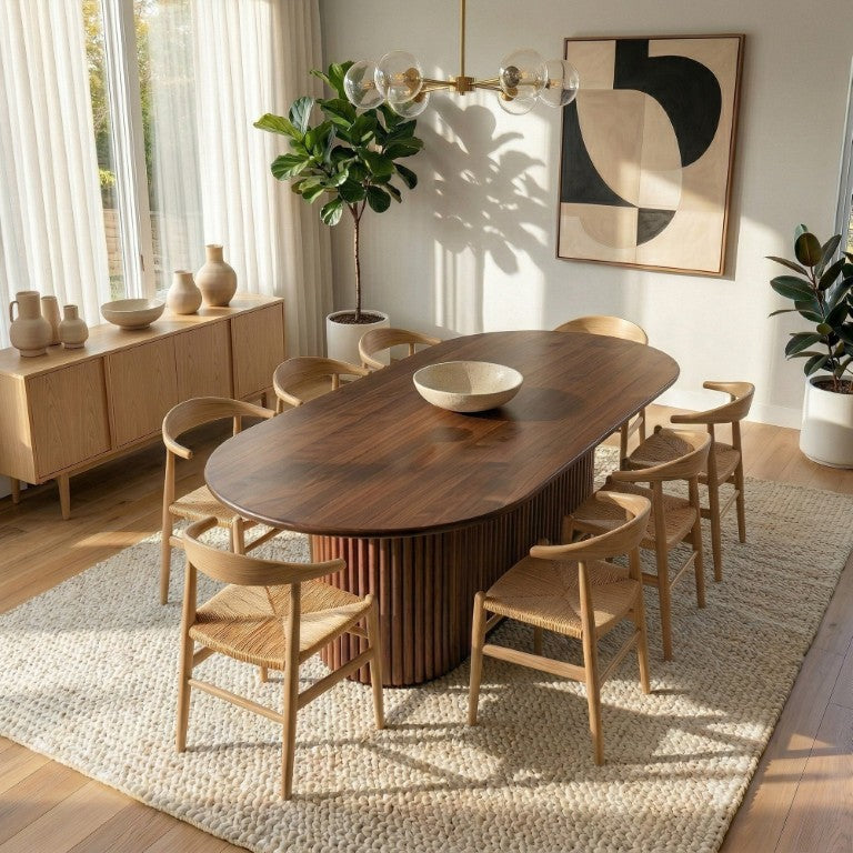 English Elm Merlin Oval Solid Wood Dining Table with Ribbed Pedestal Base Warm Walnut Grain Finish B183S00234