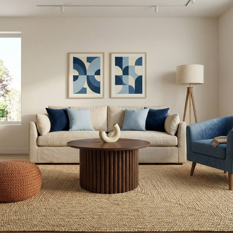 English Elm Merlin Solid Wood Round Coffee Table with Ribbed Pedestal Base for Modern Living B183S00238