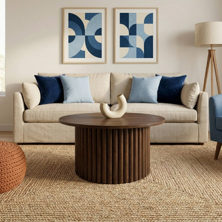 English Elm Merlin Solid Wood Round Coffee Table with Ribbed Pedestal Base for Modern Living B183S00238