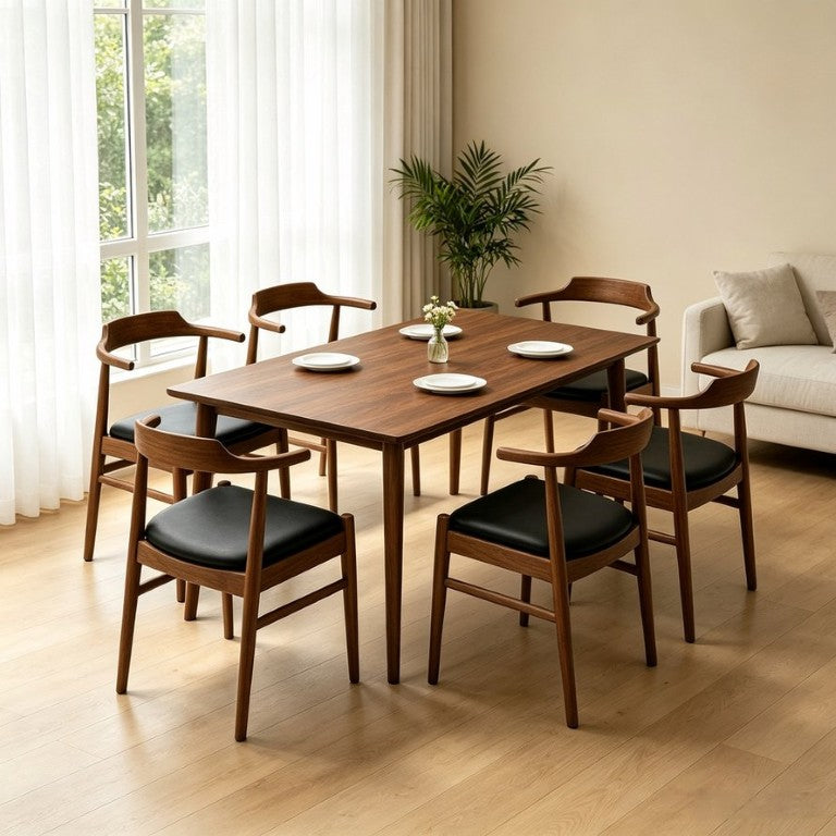English Elm Levi Mid-Century Solid Wood Rectangular Dining Set with Six PU Leather Chairs B183S00246