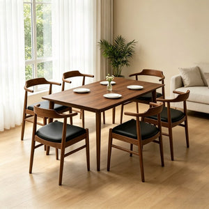 English Elm Levi Mid-Century Solid Wood Rectangular Dining Set with Six PU Leather Chairs B183S00246