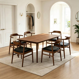 English Elm Levi Mid-Century Solid Wood Rectangular Dining Set with Six PU Leather Chairs B183S00246