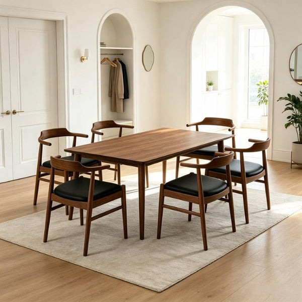 English Elm Levi Mid-Century Solid Wood Rectangular Dining Set with Six PU Leather Chairs B183S00246