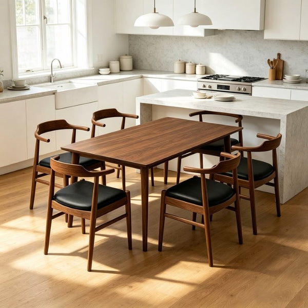 English Elm Levi Mid-Century Solid Wood Rectangular Dining Set with Six PU Leather Chairs B183S00246