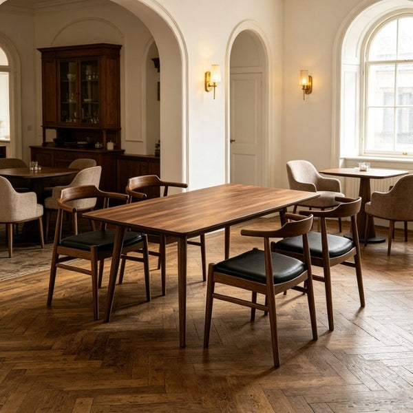 English Elm Mary Mid-Century Solid Wood Dining Set with Four PU Leather Armchairs for Modern Spaces B183S00247