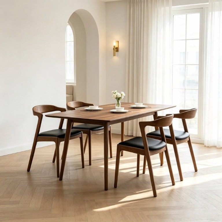 English Elm Modern Mid-Century Walnut Solid Wood Dining Set with PU Leather Upholstered Chairs for 4 B183S00248