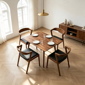 English Elm Modern Mid-Century Walnut Solid Wood Dining Set with PU Leather Upholstered Chairs for 4 B183S00248
