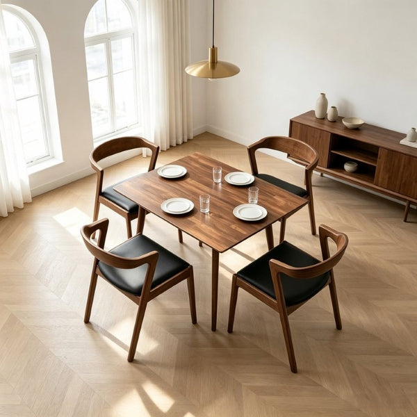 English Elm Modern Mid-Century Walnut Solid Wood Dining Set with PU Leather Upholstered Chairs for 4 B183S00248