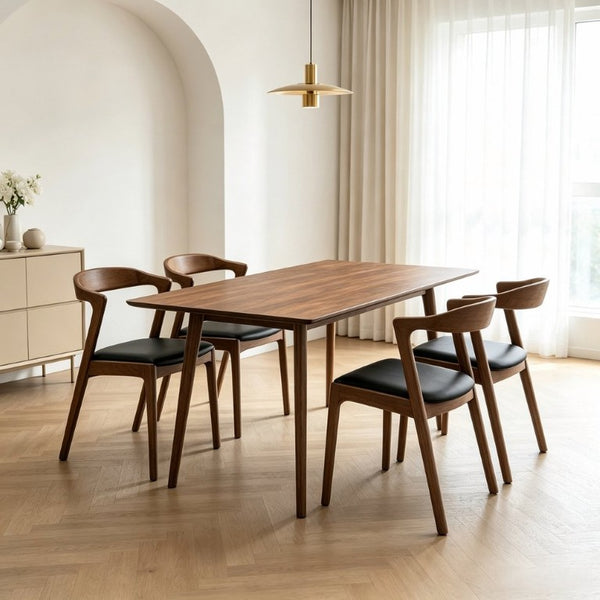 English Elm Modern Mid-Century Walnut Solid Wood Dining Set with PU Leather Upholstered Chairs for 4 B183S00248