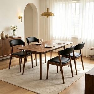 English Elm Modern Solid Walnut Dining Set for Four with PU Leather Cushioned Chairs Mid Century B183S00249