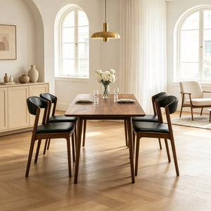 English Elm Modern Solid Walnut Dining Set for Four with PU Leather Cushioned Chairs Mid Century B183S00249