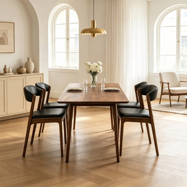English Elm Modern Solid Walnut Dining Set for Four with PU Leather Cushioned Chairs Mid Century B183S00249