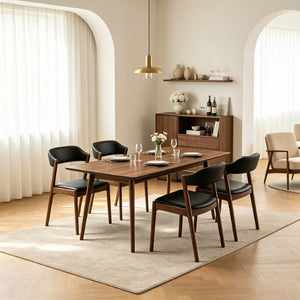 English Elm Modern Solid Walnut Dining Set for Four with PU Leather Cushioned Chairs Mid Century B183S00249