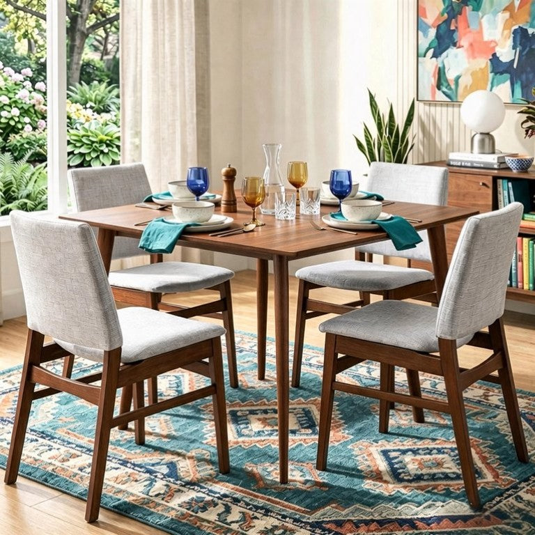 English Elm Modern Walnut Brown Solid Wood 5 Piece Dining Set with PU Leather Cushion Chairs B183S00250