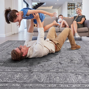 English Elm Marfi Oriental Woven Area Rug Stain Resistant Low Pile for Living or Dining Rooms Grey B189P183419