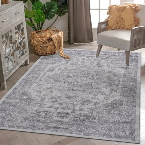 English Elm Marfi Oriental Geometric Area Rug Low Pile Synthetic Weave for Living and Dining Rooms Silver B189P183425
