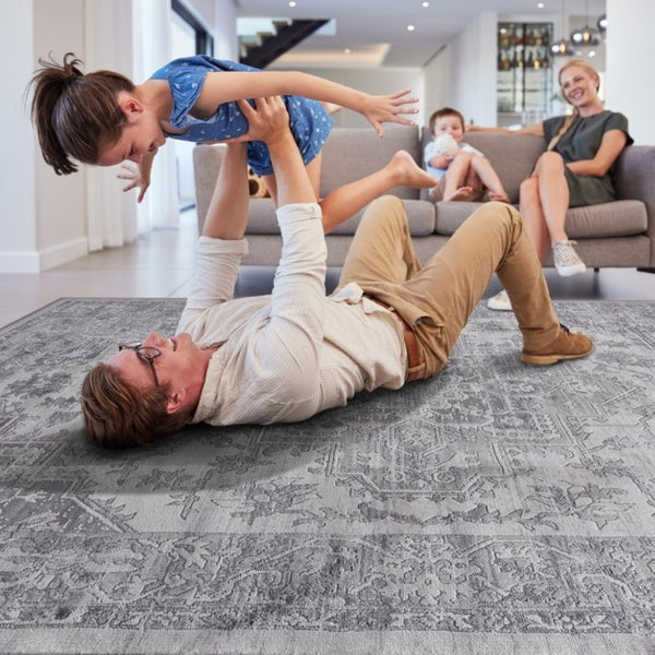 English Elm Marfi Oriental Geometric Area Rug Low Pile Synthetic Weave for Living and Dining Rooms Silver B189P183425