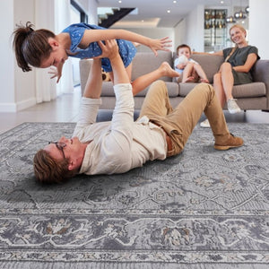 English Elm Marfi Oriental Geometric Area Rug Low Pile Synthetic Weave for Living and Dining Rooms Ivory+Grey B189P183483