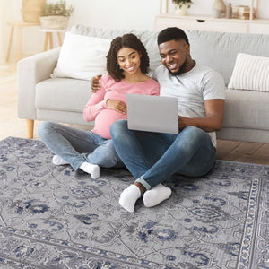 English Elm Marfi Oriental Woven Area Rug Stain Resistant Low Pile for Living or Dining Rooms Grey + Blue B189P183486