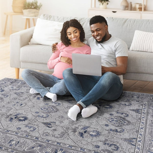 English Elm Marfi Oriental Woven Area Rug Stain Resistant Low Pile for Living or Dining Rooms Grey + Blue B189P183486