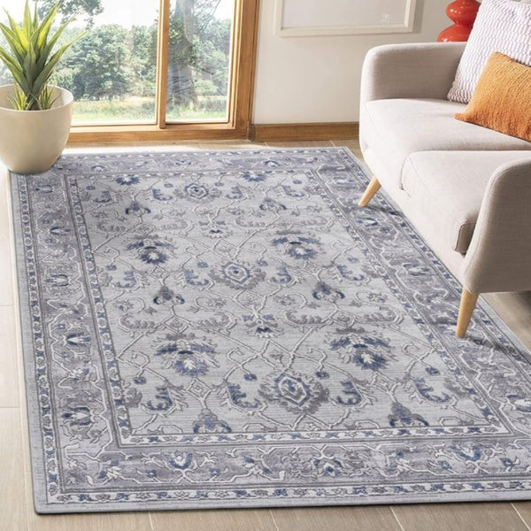 English Elm Marfi Oriental Geometric Area Rug Low Pile Synthetic Weave for Living and Dining Rooms Grey+Blue B189P183487