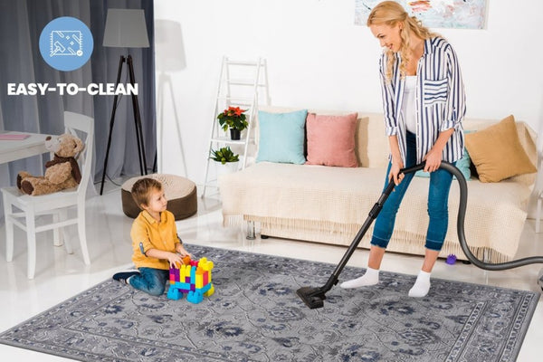 English Elm Marfi Oriental Geometric Area Rug Low Pile Synthetic Weave for Living and Dining Rooms Grey+Blue B189P183487