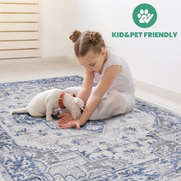 English Elm Marfi Oriental Geometric Area Rug Low Pile Synthetic Weave for Living and Dining Rooms Blue+Grey B189P183492