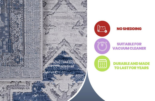 English Elm Marfi Oriental Geometric Area Rug Low Pile Synthetic Weave for Living and Dining Rooms Blue+Grey B189P183492