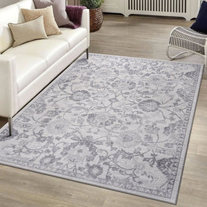 English Elm Marfi Oriental Woven Area Rug Stain Resistant Low Pile for Living or Dining Rooms Grey + Silver B189P183515