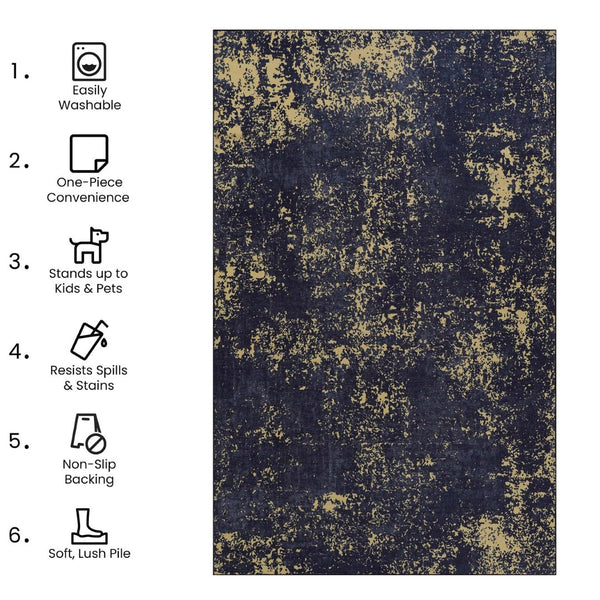 English Elm Maval Chenille Area Rug Bohemian Low Pile Washable Non-Slip for Living Room Black+Gold B189P188984