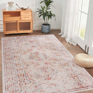 English Elm Maval Chenille Area Rug Machine Washable Low Pile Bohemian Design for Living Room Beige B189P188994