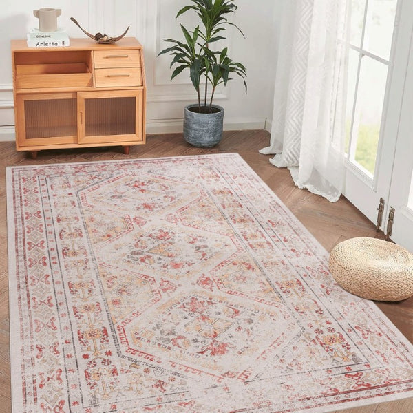 English Elm Maval Chenille Area Rug Machine Washable Low Pile Bohemian Design for Living Room Beige B189P188994