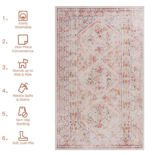 English Elm Maval Chenille Area Rug Machine Washable Low Pile Bohemian Design for Living Room Beige B189P188994