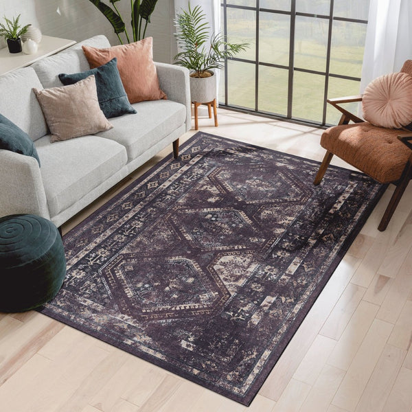 English Elm Maval Chenille Area Rug Bohemian Low Pile Washable Non-Slip for Living Room Black+Burgundy B189P188999