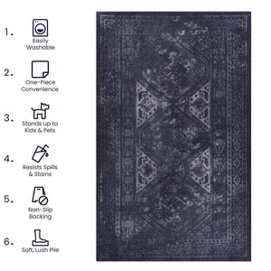 English Elm Maval Chenille Area Rug Bohemian Low Pile Washable Non-Slip for Living Room Black+Gray B189P189005